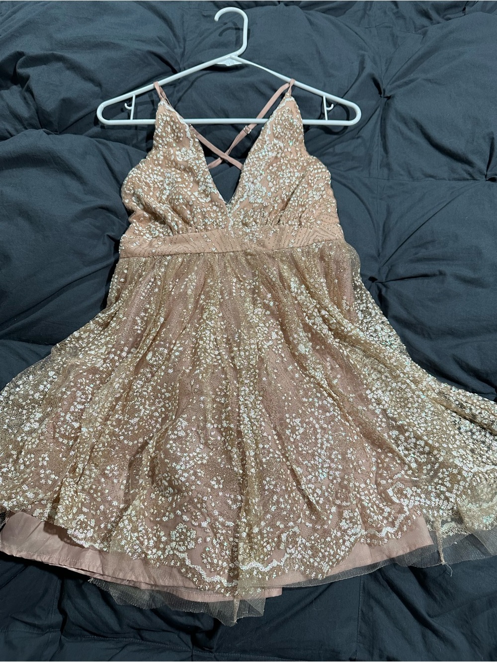 Sparkle Mesh V-Neck Party Dress in Rose Gold